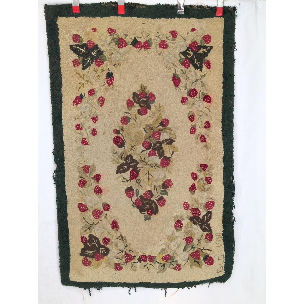 VTG Antique Hooked Rug 43"X28" Red Tan Wool Strawberry Cottagecore Primitive